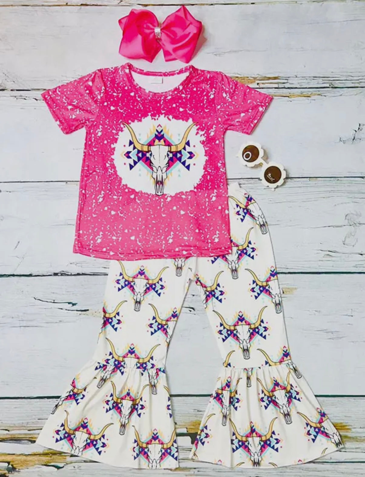 Bull Print Pink Top & Bell-Bottom
Pant Girls Set