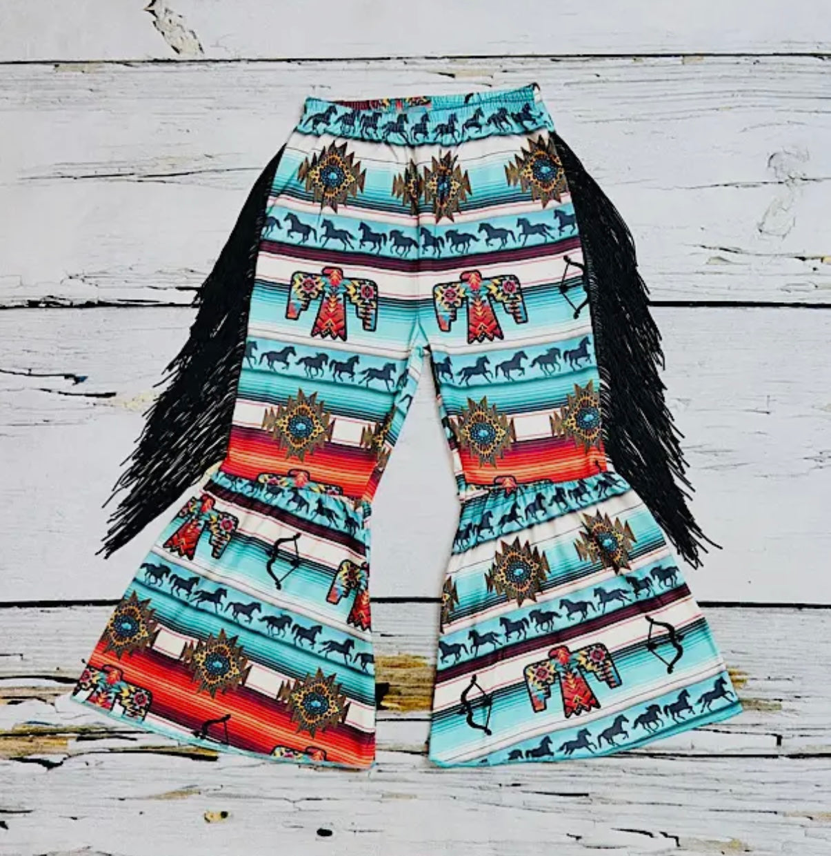 Multicolor Aztec Print Girls Bell
Bottoms W/Fringe