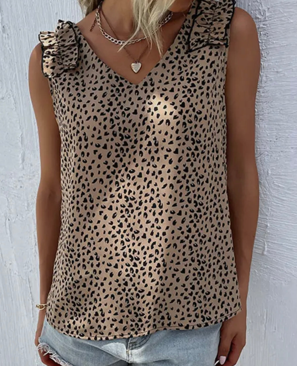 V Neck Sleeveless Leopard Ruffle Sleeve Tank Top
