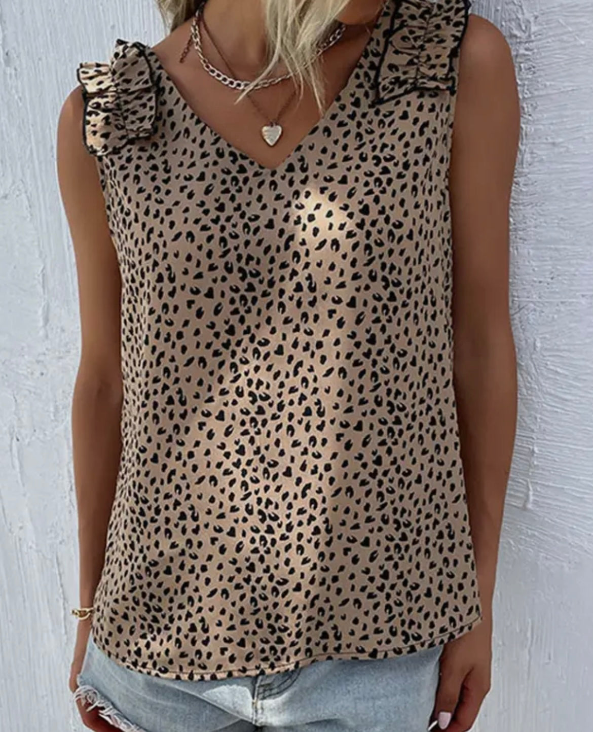 V Neck Sleeveless Leopard Ruffle Sleeve Tank Top