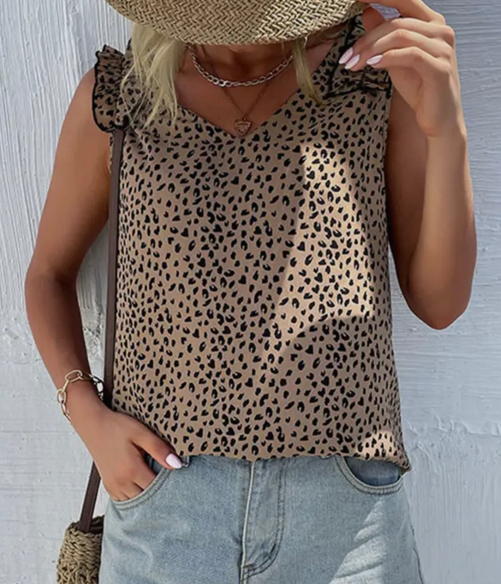 V Neck Sleeveless Leopard Ruffle Sleeve Tank Top