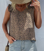 V Neck Sleeveless Leopard Ruffle Sleeve Tank Top