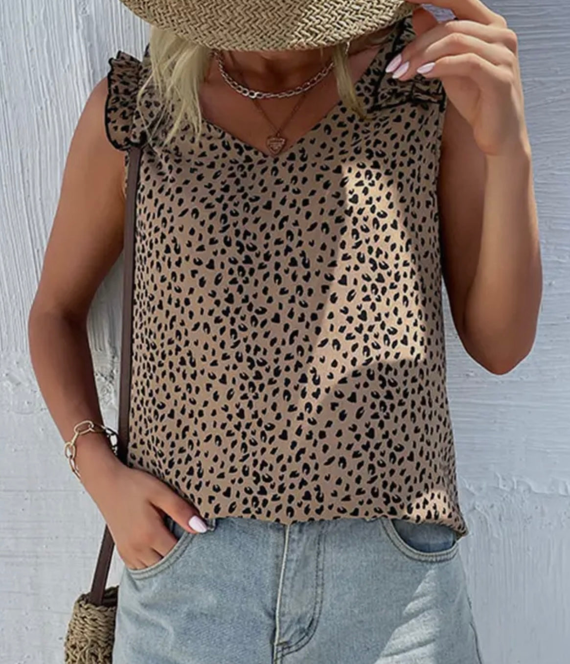 V Neck Sleeveless Leopard Ruffle Sleeve Tank Top