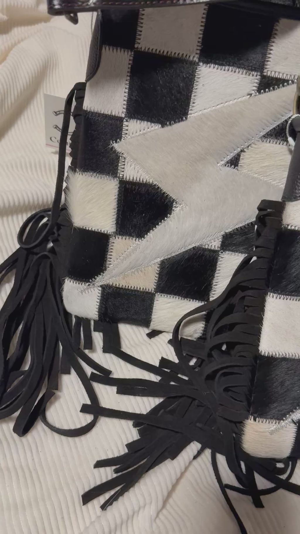 Checkered Cowhide Lightning Bolt Purse with Tooled Leather Strap
