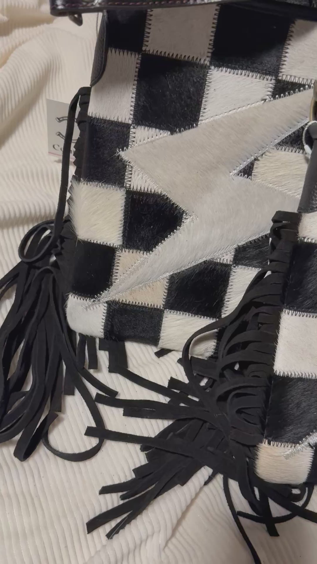 Checkered Cowhide Lightning Bolt Purse with Tooled Leather Strap