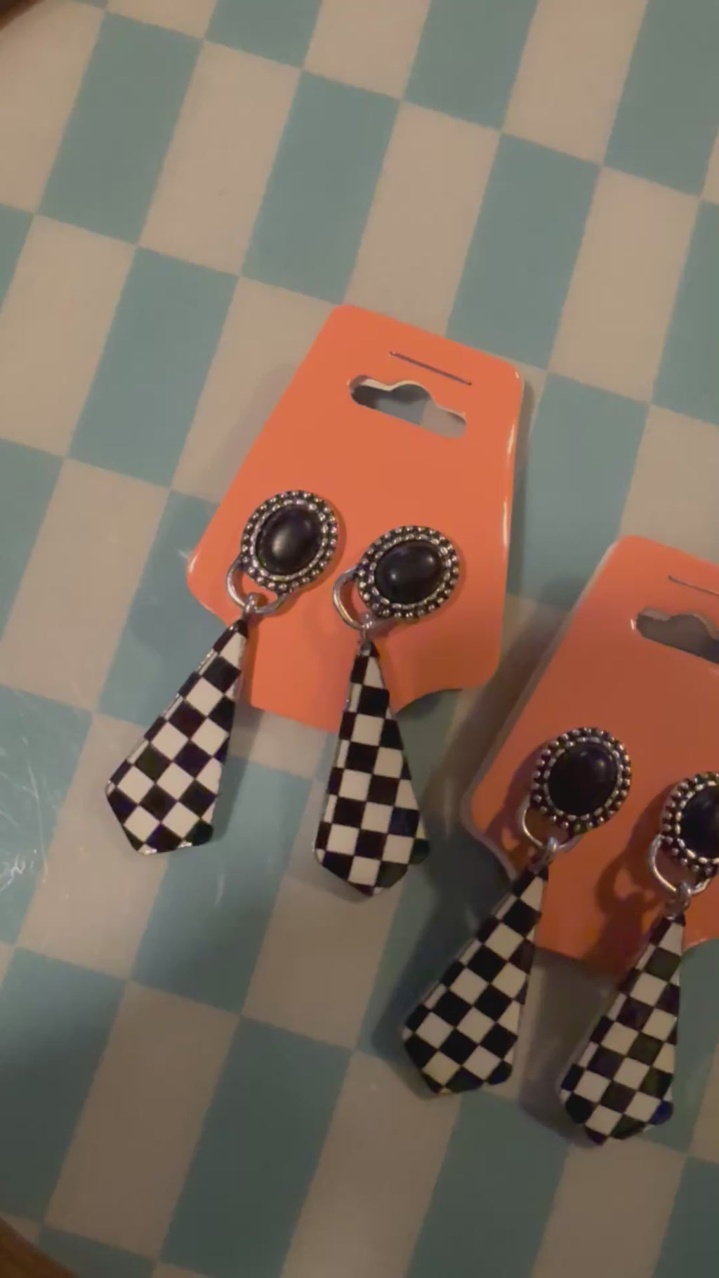 Oval Stone Concho & Checkerboard Post Drop Earrings