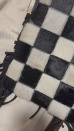 Stockyard Checkered Cowhide Fringe Purse, Black & White