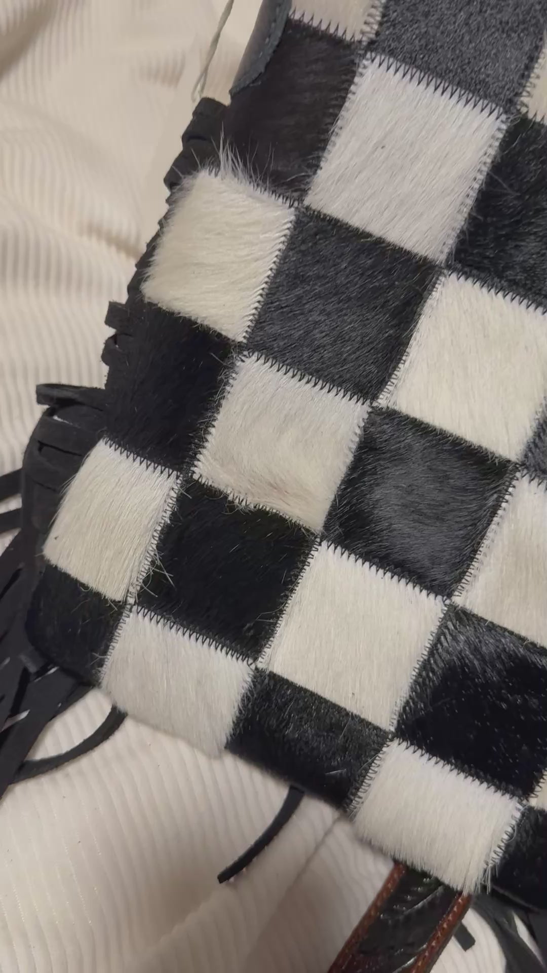Stockyard Checkered Cowhide Fringe Purse, Black & White